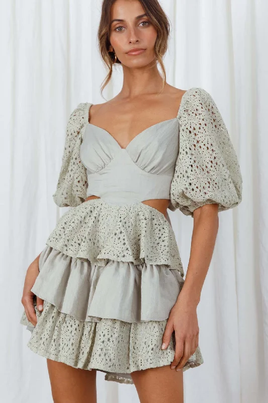 Chic dresses for work and play -Emery Floral Lace Accent Layered Ruffle Tie Back Dress Avocado
