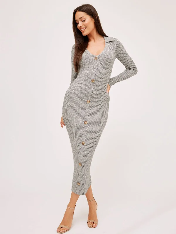 Mini dresses with zip front for an edgy style -Everly Collar Knitted Midi Dress / Grey Mini dresses with zip front for an edgy style -Everly Collar Knitted Midi Dress / Grey