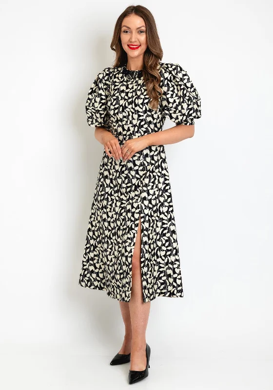 Striped mini dresses for a nautical-inspired outfit -Exquise Puff Sleeve Printed A Line Dress, Black & Cream Striped mini dresses for a nautical-inspired outfit -Exquise Puff Sleeve Printed A Line Dress, Black & Cream