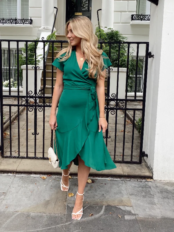 Striped mini dresses for a nautical-inspired outfit -Faith Midi Ruffle Dress / Deep Green Striped mini dresses for a nautical-inspired outfit -Faith Midi Ruffle Dress / Deep Green