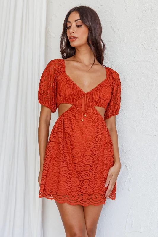 Elegant evening dresses for prom -Feelin' Good Cut-Out Waist Lace Dress Rust