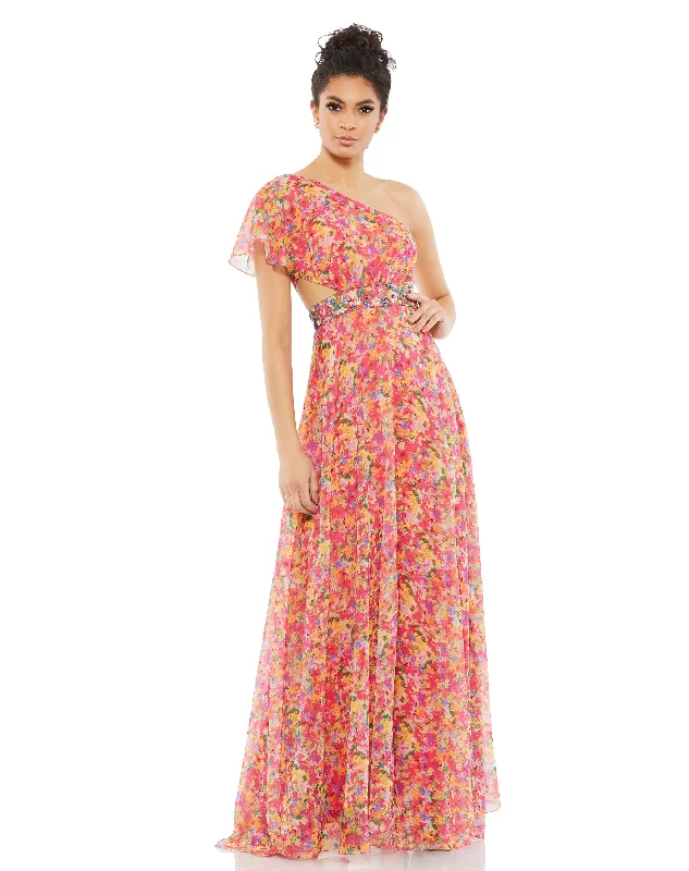 Mini dresses with zip-up back for easy wear -Floral Print One Shoulder Butterfly Sleeve A Line Gown Mini dresses with zip-up back for easy wear -Floral Print One Shoulder Butterfly Sleeve A Line Gown