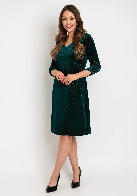 Ribbed knit mini dresses for a cozy and stylish outfit -Leon Collection Ruched Sleeve Shimmer Knee Length Dress, Forest Green Ribbed knit mini dresses for a cozy and stylish outfit -Leon Collection Ruched Sleeve Shimmer Knee Length Dress, Forest Green