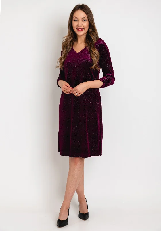 Mini dresses with lace trim for a delicate and feminine touch -Leon Collection Ruched Sleeve Shimmer Knee Length Dress, Mulberry Mini dresses with lace trim for a delicate and feminine touch -Leon Collection Ruched Sleeve Shimmer Knee Length Dress, Mulberry