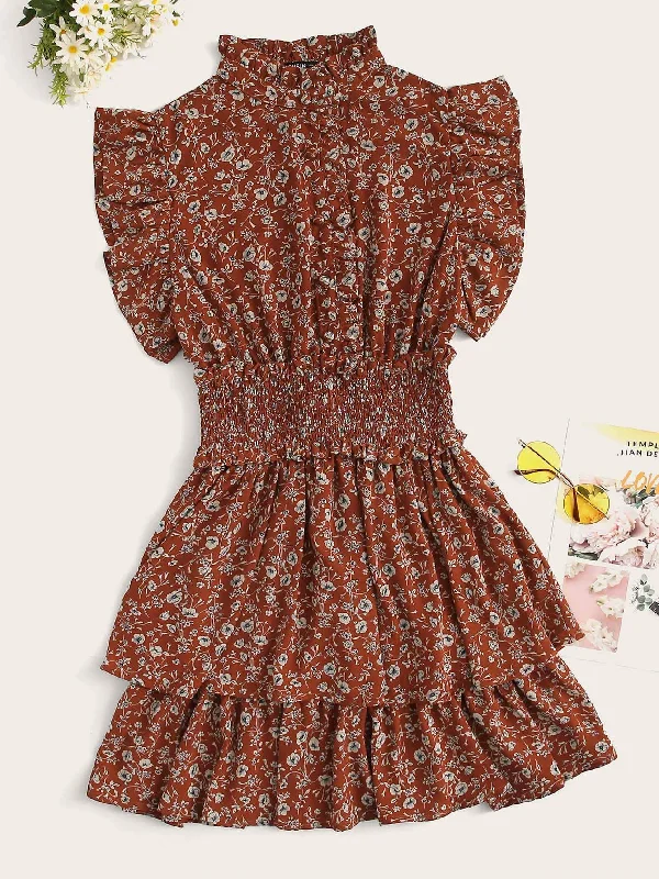 Boho style dresses for spring and summer -Frill Trim Shirred Waist Tiered Ditsy Dress Boho style dresses for spring and summer -Frill Trim Shirred Waist Tiered Ditsy Dress