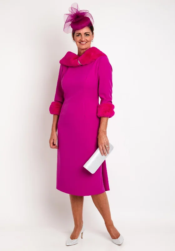 T-shirt mini dresses for comfortable wear -Gabriela Sanchez Faux Fur Trim Midi Dress, Fuchsia T-shirt mini dresses for comfortable wear -Gabriela Sanchez Faux Fur Trim Midi Dress, Fuchsia