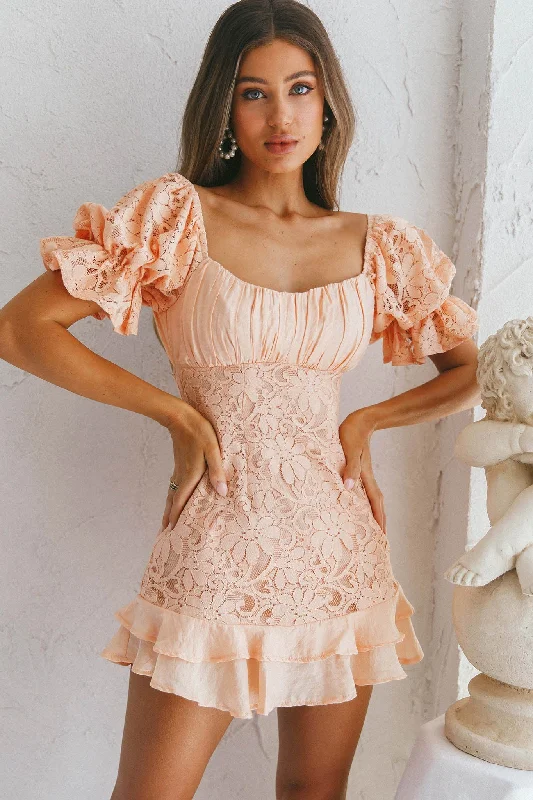 Off-shoulder mini dresses for a feminine touch -Georgia Peach Puff Sleeve Double Frill Hem Lace Dress Peach