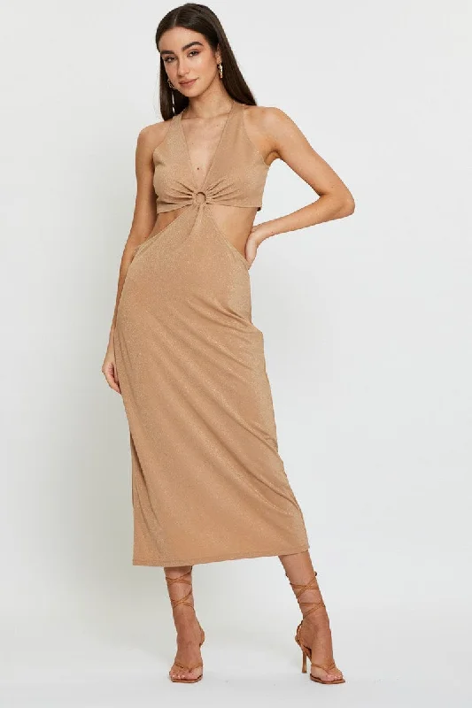 Mini dresses with side pockets for added convenience -Gold Midi Dress Sleeveless