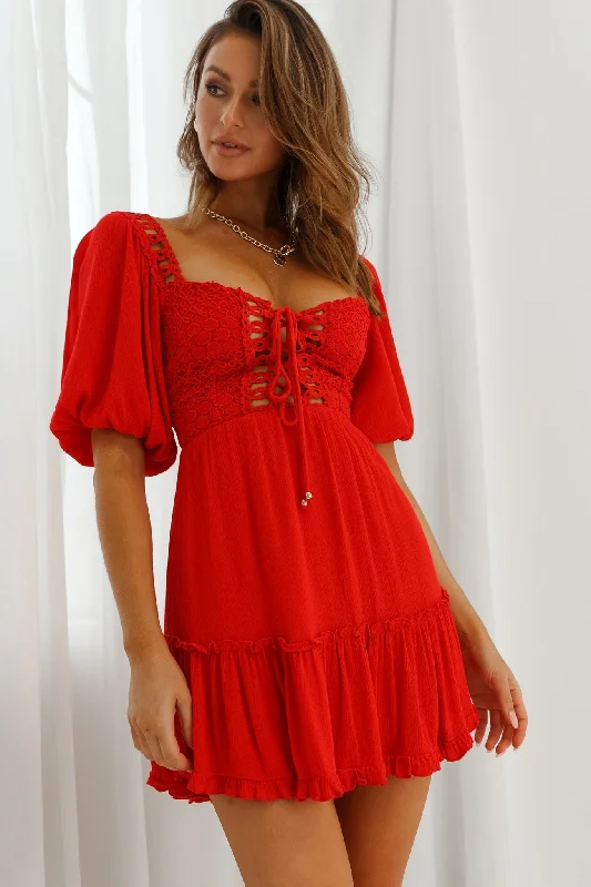 Shop maxi dresses for tall women -Golden Hour Lace-Up Front Crochet Dress Red