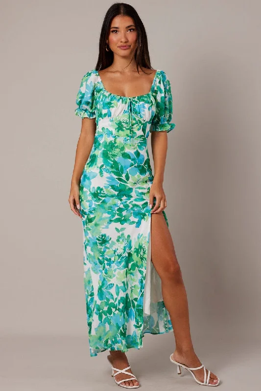 Casual mini dresses for everyday wear -Green Floral Midi Dress Puff Sleeve