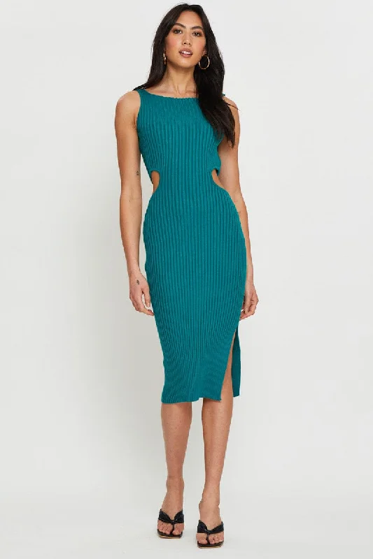 Mini dresses with pleated details for texture -Green Knit Dress Midi