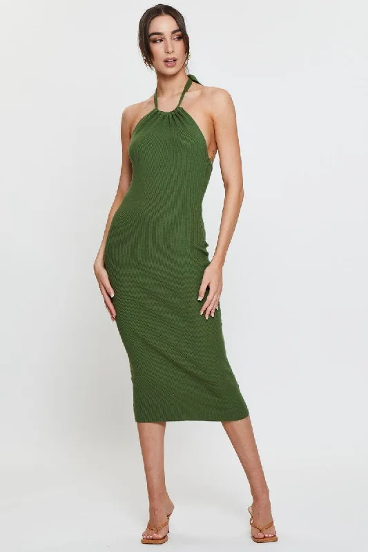 Denim mini dresses for a casual vibe -Green Knit Dress Midi Halter Neck