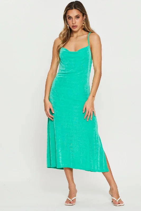 Mini dresses with sleeves for fall -Green Midi Dress Cowl Neck
