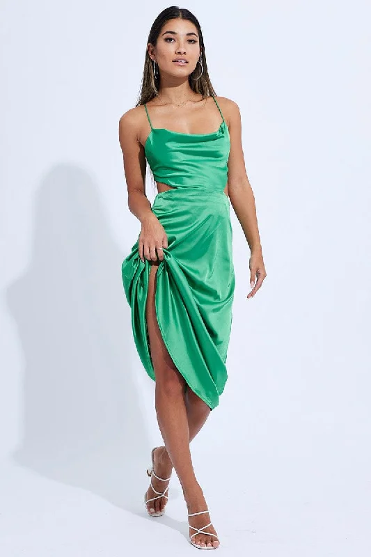 Mini dresses with belt for added style -Green Midi Dress Satin Cutout