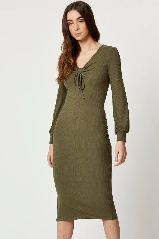 Mini dresses with lace details for elegance -Green Ribbed Drawstring Midi Dress
