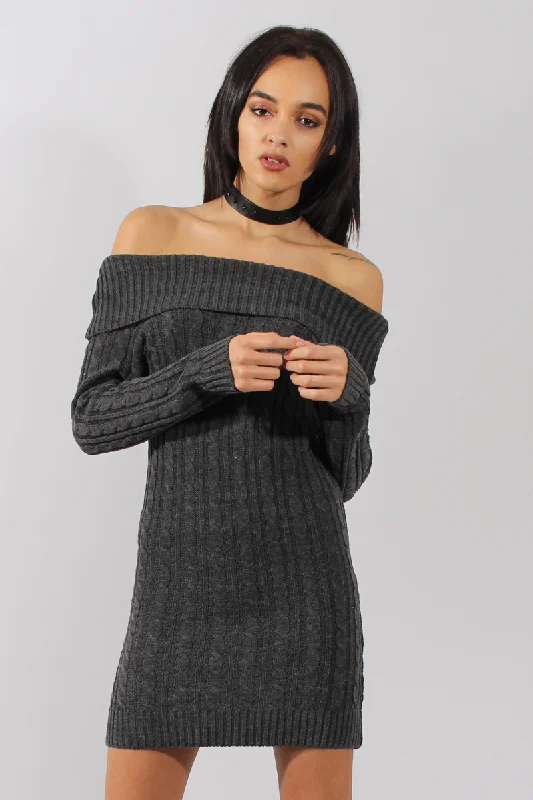 Affordable party dresses for women -Grey Bardot Cable Knit Jumper Dress - Peeta