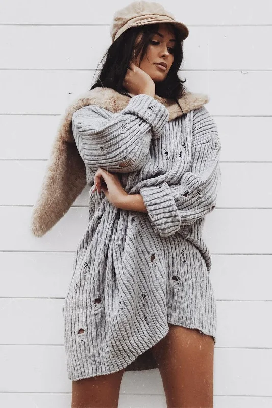 Dresses for apple-shaped body types -Grey Distressed Cable Knit Jumper Dress - Abea