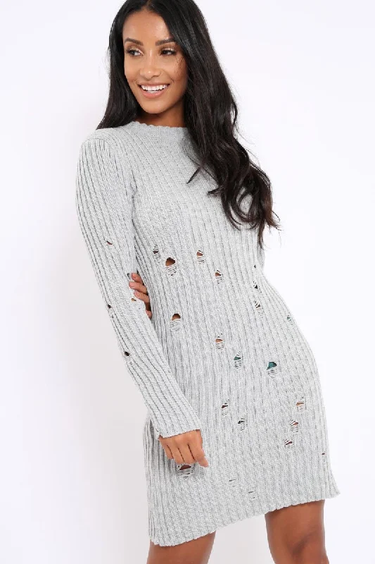 Shop cute dresses for weddings online -Grey Knit Distressed Jumper Dress - Cheryl