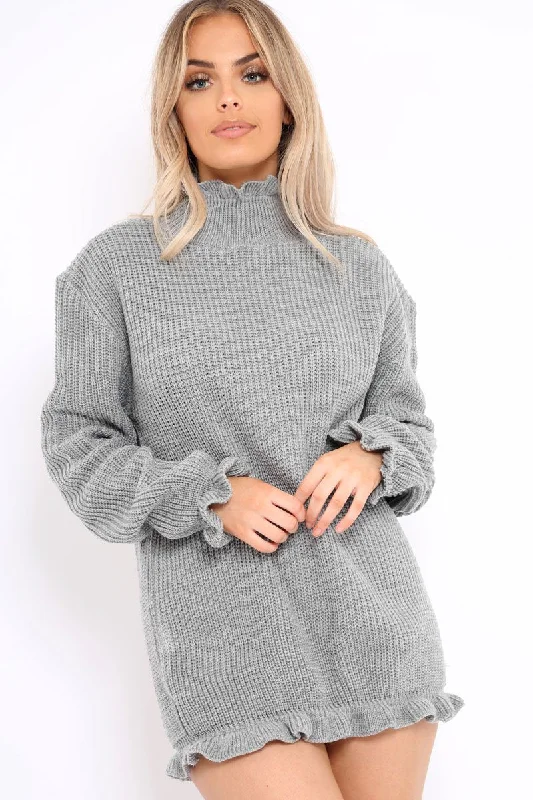 Sexy dresses for special occasions -Grey Knitted Ruffle Jumper Dress with Elasticated hems - Velma