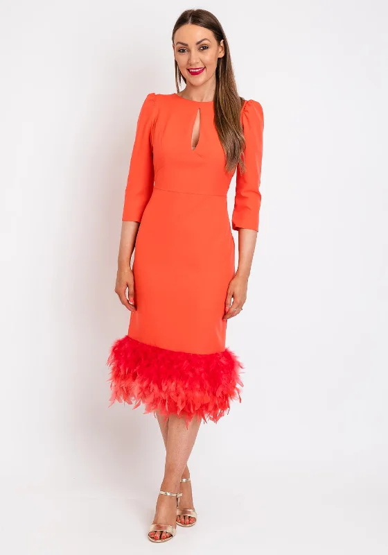 Cropped sleeve mini dresses for versatile wear -Herysa Begona Feather Trim Hem Midi Dress, Coral Cropped sleeve mini dresses for versatile wear -Herysa Begona Feather Trim Hem Midi Dress, Coral