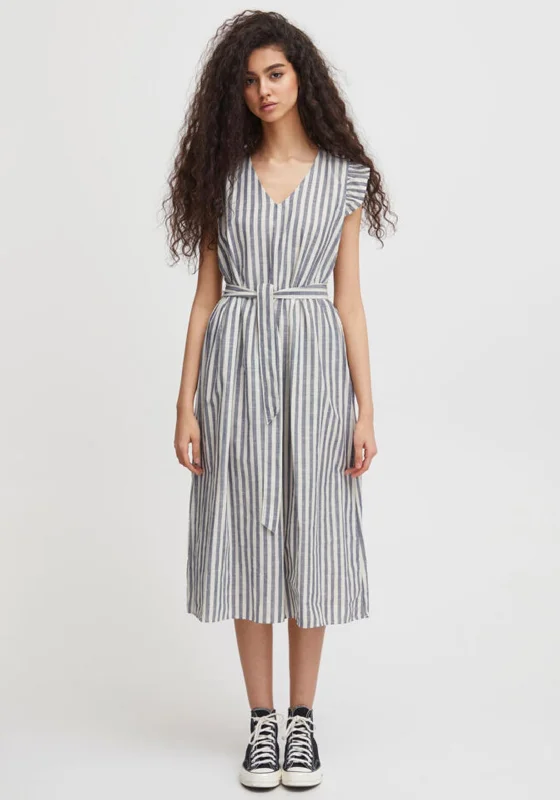 Mini dresses with cut-out details for a daring and fashionable style -Ichi Striped Ruffle Shoulder Midi Dress, Natural Mini dresses with cut-out details for a daring and fashionable style -Ichi Striped Ruffle Shoulder Midi Dress, Natural