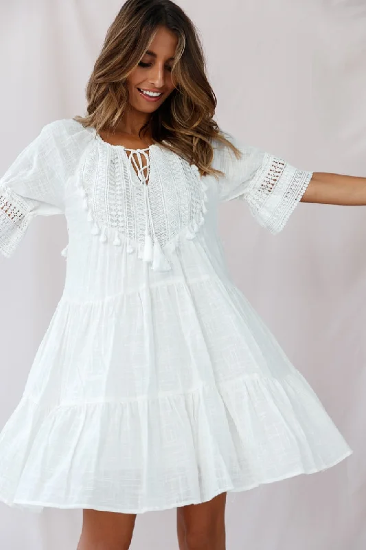 Shop dresses for all occasions -Jada Crochet and Tassel Kaftan Dress White