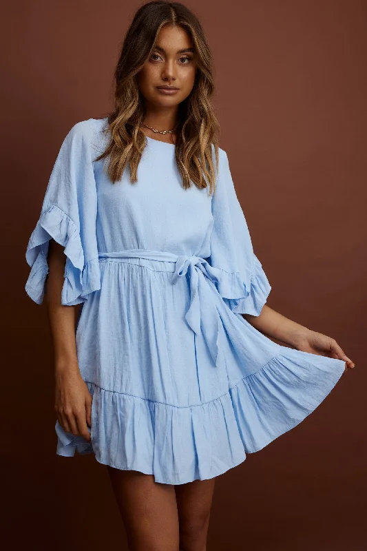 Best mini dresses for clubbing -Joni Batwing Sleeve Waist Tie Dress Ruffle Blue