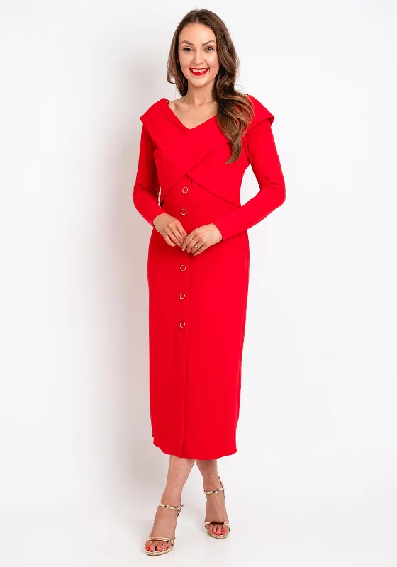 Pleated mini dresses with high waist for a flattering fit -Kameya Cross-Over Bodice Midi Dress, Red Pleated mini dresses with high waist for a flattering fit -Kameya Cross-Over Bodice Midi Dress, Red