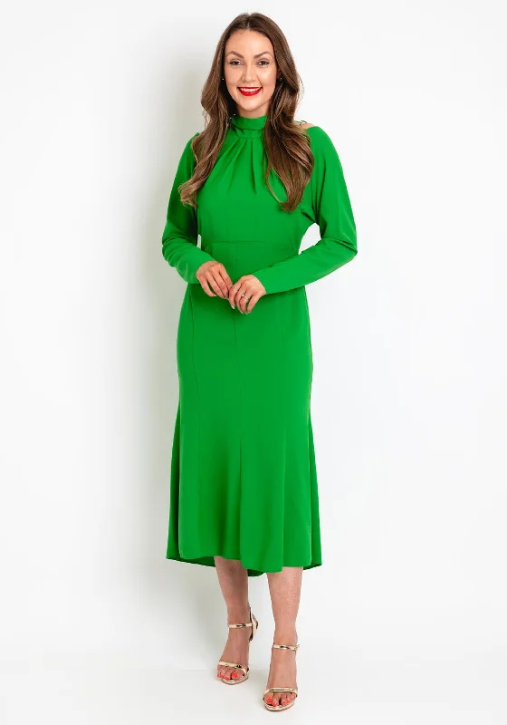 Mini dresses with side pockets for added convenience -Kameya Tie Neck, Cold Shoulder Midi Dress, Green Mini dresses with side pockets for added convenience -Kameya Tie Neck, Cold Shoulder Midi Dress, Green