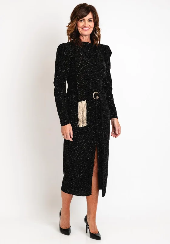 Off-shoulder mini dresses with ruffle sleeves for a playful vibe -Kameya Gold Pattern, Tassel Sash Midi Dress, Black Off-shoulder mini dresses with ruffle sleeves for a playful vibe -Kameya Gold Pattern, Tassel Sash Midi Dress, Black