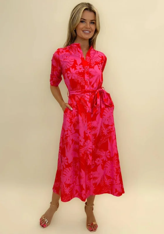 Cowl neck mini dresses for an elegant look -Kate & Pippa Capri Leaf Print Midi Dress, Flower Fuchsia