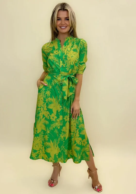 Mini dresses with fringe for a boho-chic style -Kate & Pippa Capri Leaf Print Midi Dress, Flower Green