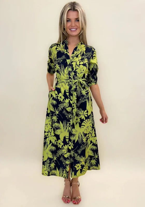 Satin mini dresses for a luxurious feel -Kate & Pippa Capri Leaf Print Midi Dress, Flower Navy & Lime Satin mini dresses for a luxurious feel -Kate & Pippa Capri Leaf Print Midi Dress, Flower Navy & Lime