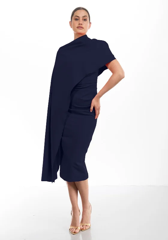 Mini dresses with bow tie details -Kevan Jon Alice Cape Sleeve Mide Dress, Navy