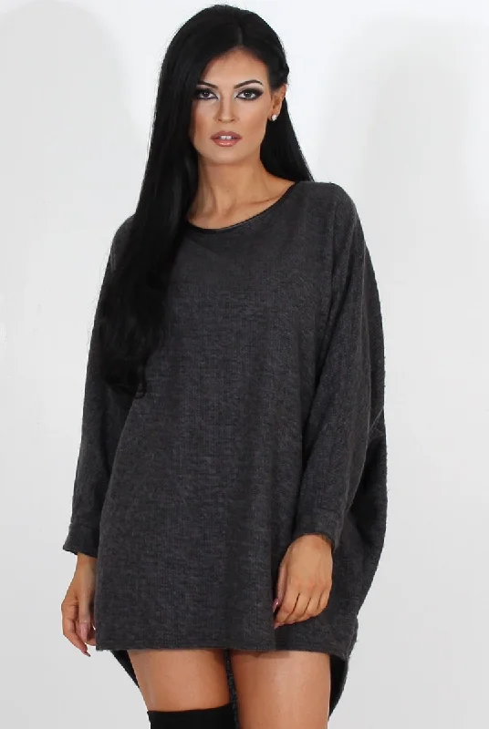 Shop dresses for formal and casual events -Leah Dark Grey Drooped Back Jumper Dress
