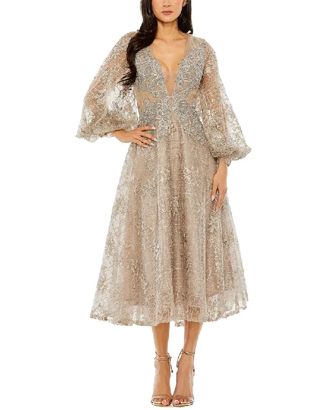 Mini dresses with fringe for a boho-chic style -Mac Duggal Embellished Plunge Neck Bishop Sleeve Dress Mini dresses with fringe for a boho-chic style -Mac Duggal Embellished Plunge Neck Bishop Sleeve Dress