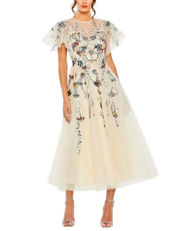 Draped mini dresses for a flattering silhouette -Mac Duggal Flutter Sleeve High Neck Embellished Floral Dress Draped mini dresses for a flattering silhouette -Mac Duggal Flutter Sleeve High Neck Embellished Floral Dress