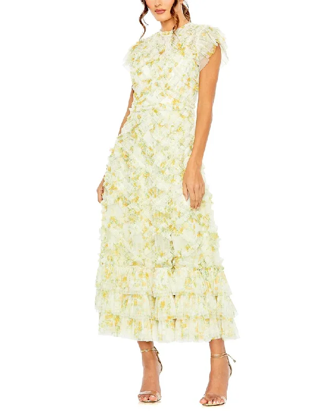 V-neck mini dresses for a flattering neckline -Mac Duggal High Neck Ruffle Cap Sleeve Floral Dress V-neck mini dresses for a flattering neckline -Mac Duggal High Neck Ruffle Cap Sleeve Floral Dress