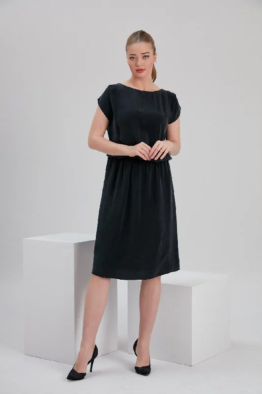 Mini dresses with fringe details for a trendy boho look -Cupro Mia Midi Dress in Black Vegan Silk Mini dresses with fringe details for a trendy boho look -Cupro Mia Midi Dress in Black Vegan Silk