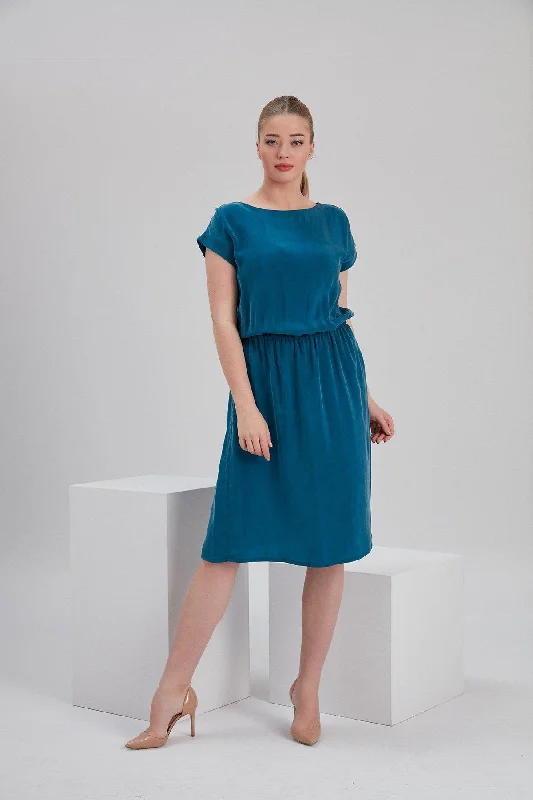 Mini dresses with button details for a trendy look -Cupro Mia Midi Dress in Petrol Blue Vegan Silk Mini dresses with button details for a trendy look -Cupro Mia Midi Dress in Petrol Blue Vegan Silk