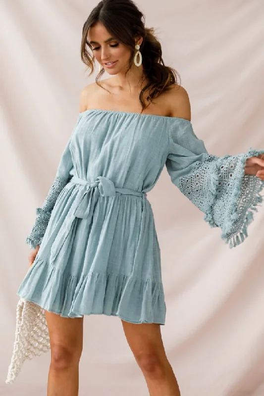 Mini dresses with bow tie details for a cute appearance -Mona Off-Shoulder Embellished Sleeve Dress Sage Mini dresses with bow tie details for a cute appearance -Mona Off-Shoulder Embellished Sleeve Dress Sage