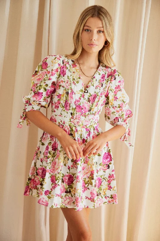 Mini dresses with pleated details for texture -Multi Floral Button Dress Puff Sleeve Rose Floral Mini dresses with pleated details for texture -Multi Floral Button Dress Puff Sleeve Rose Floral