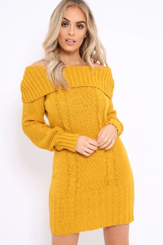 Elegant evening dresses for weddings -Mustard Bardot Chunky Knit Jumper Dress - Kaidyn Elegant evening dresses for weddings -Mustard Bardot Chunky Knit Jumper Dress - Kaidyn