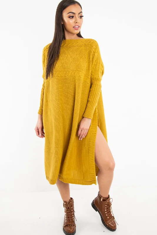 Shop dresses for all occasions -Mustard Cable Knit Side Split Jumper Dress - Maniya