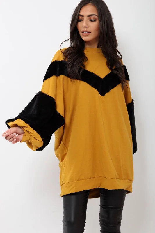 Dresses for formal dinners and events -Mustard Chevron Fur Jumper Dress - Esme