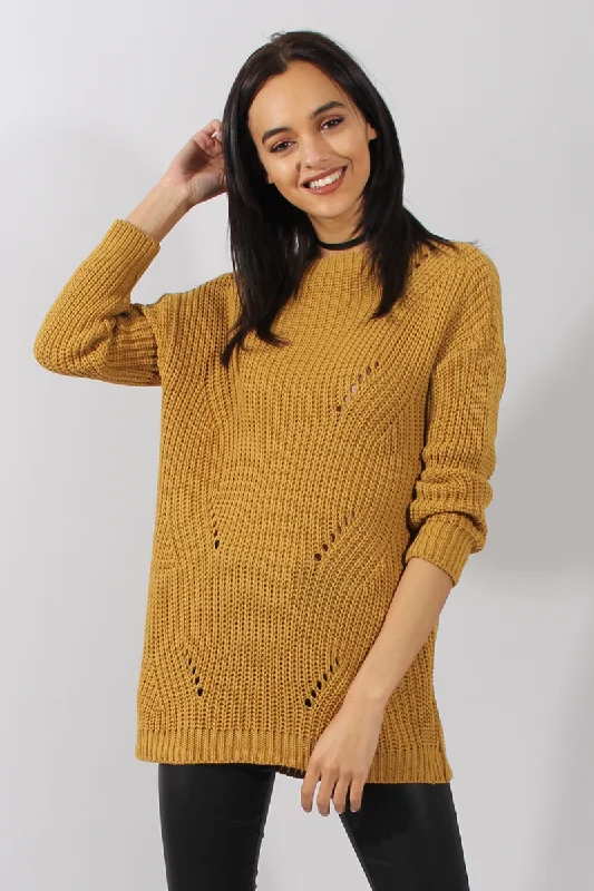 Dresses for pear-shaped body types -Mustard Knitted Distressed Back Jumper Dress - Cara Dresses for pear-shaped body types -Mustard Knitted Distressed Back Jumper Dress - Cara