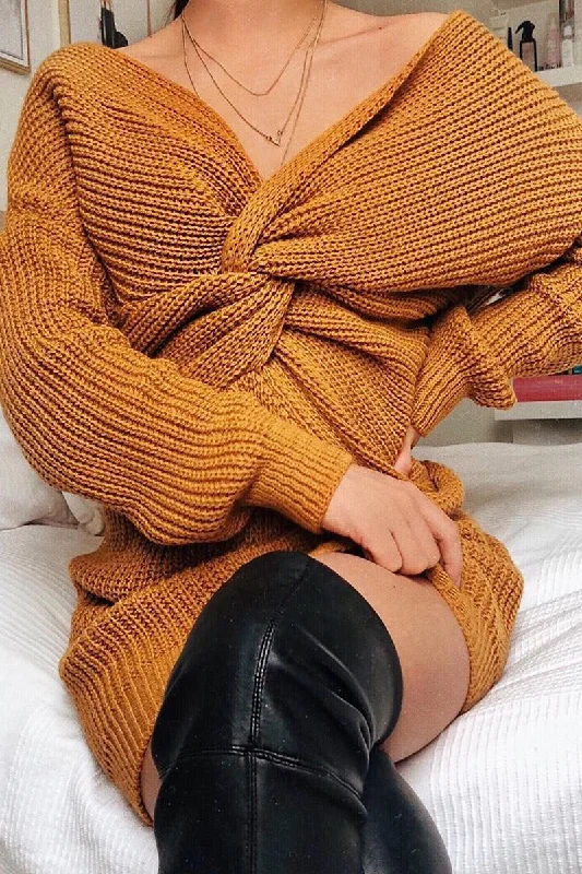 Short dresses for women for date night -Mustard Knot Front Jumper Dress - Hydee