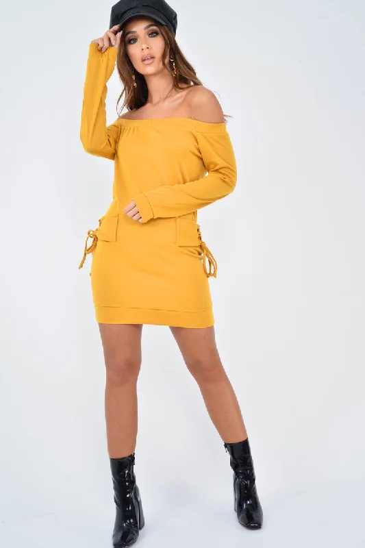 Unique dresses for brides -Mustard Lace Up detail Bardot Jumper Dress - Aarna