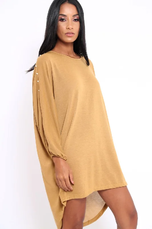 Women's dresses for fall and winter -Mustard Pearl Detail Jumper Dress - Ammi