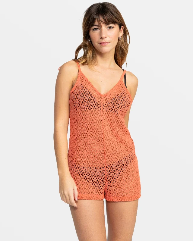 Buy dresses for outdoor summer events -Ocean Riders Crochet Beach Romper - Apricot Brandy Buy dresses for outdoor summer events -Ocean Riders Crochet Beach Romper - Apricot Brandy